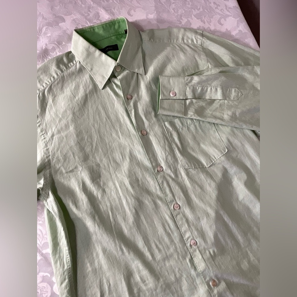 Ermenegildo Zegna Shirt Mens Large Soft Green Striped L/S Button Up Shirt